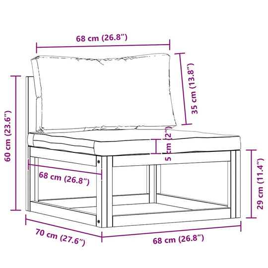 Dimensions diagram of the 2 Piece Sofa Set with Cream Cushions Solid Acacia Wood, showcasing the measurements of the single seat.
