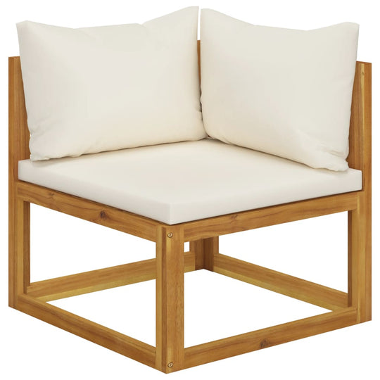 Sectional corner sofa with cream white cushions and solid acacia wood frame, designed for outdoor comfort and style.