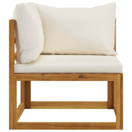 Solid acacia wood sectional corner sofa with cream white cushions for outdoor comfort.