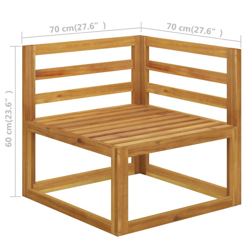 Solid acacia wood sectional corner sofa, dimensions 70 cm x 70 cm x 60 cm, ideal for outdoor comfort and style.