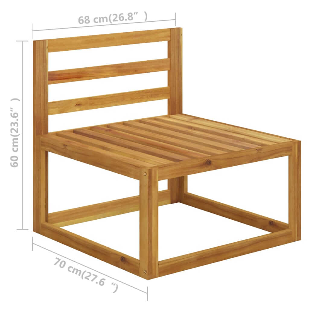 Outdoor wooden chair with dimensions 68cm x 60cm x 70cm, featuring a sleek slatted design for modern outdoor furniture.