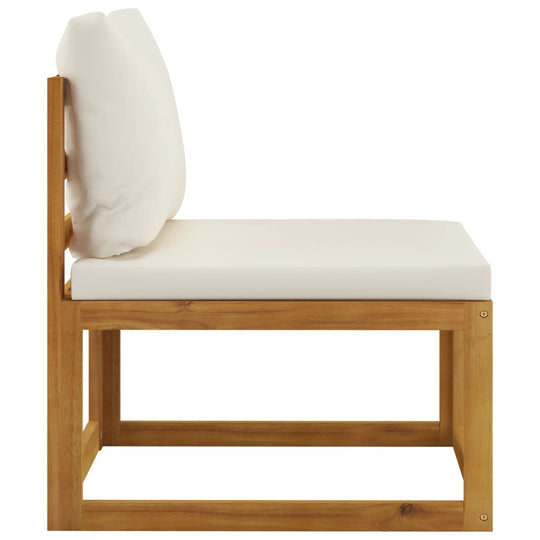 Side view of sectional middle sofa with cream white cushion and solid acacia wood frame, perfect for outdoor seating.