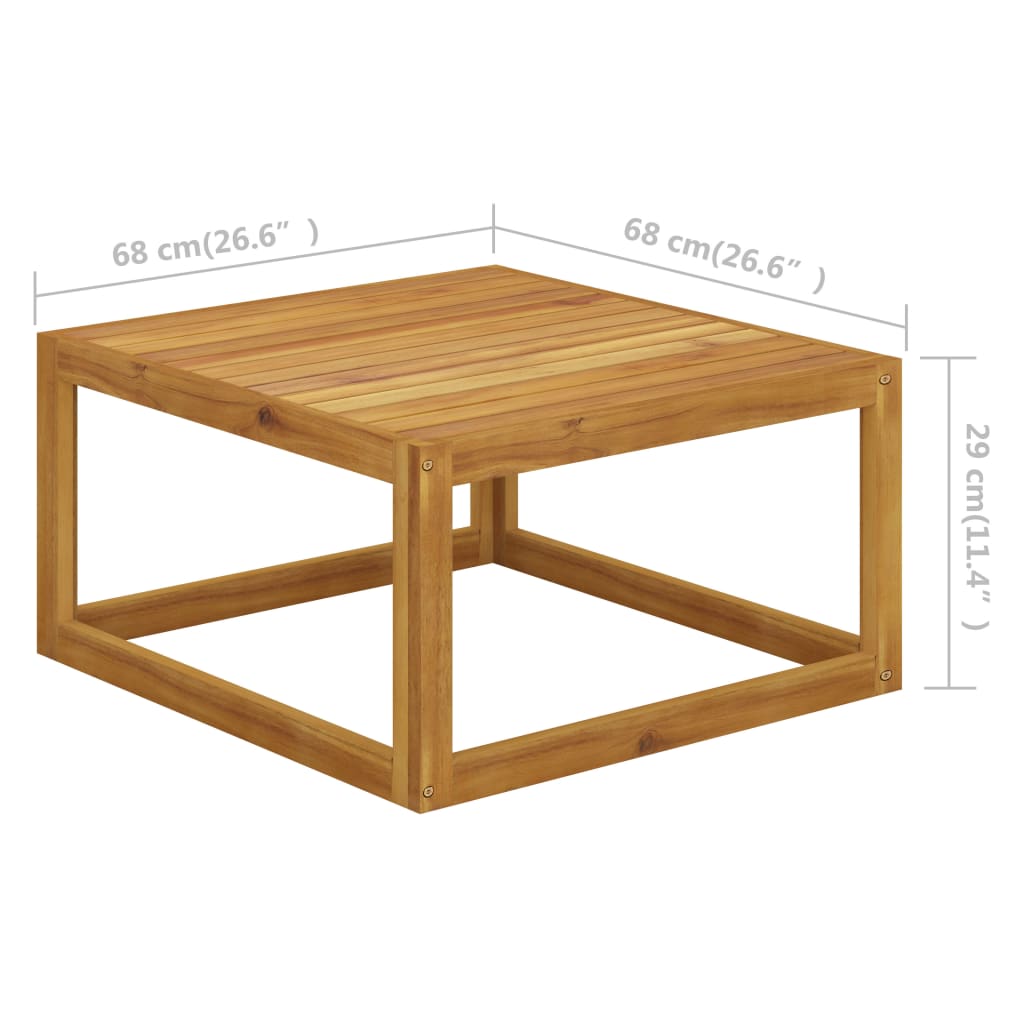 Solid acacia wood footrest with dark cushion, ideal for outdoor furniture and patio use, measuring 68x68x29 cm.