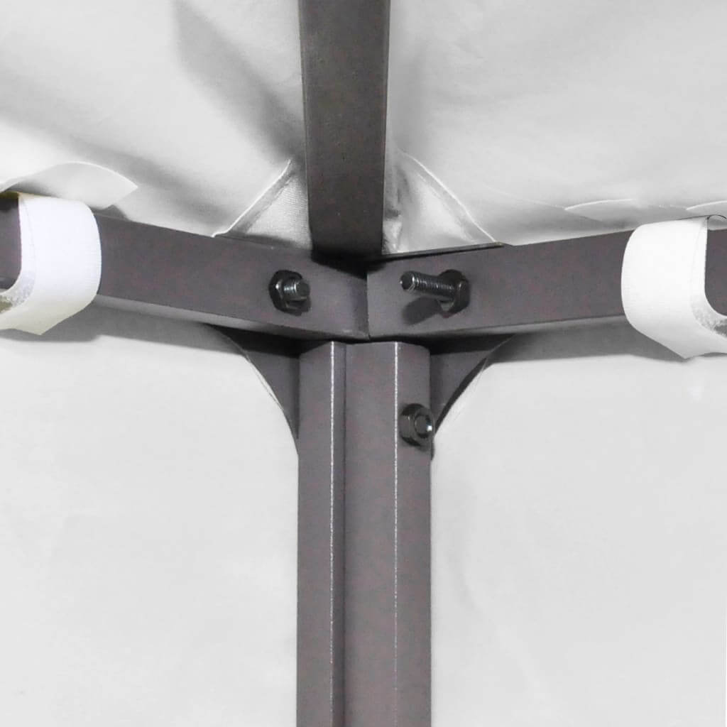 close-up of gazebo top cover frame connection with metal joints and white straps for durability and stability