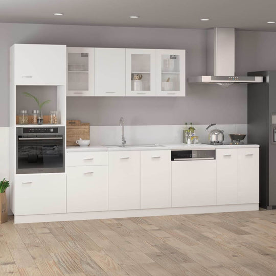 Modern white kitchen with engineered wood cabinets, featuring ample storage and a stylish design, enhancing your home decor.