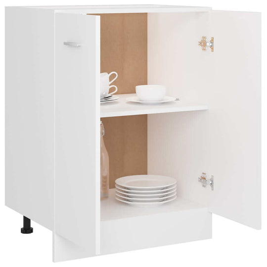 Bottom cabinet in white with two doors, shelves, and kitchenware inside, optimising storage space for kitchen essentials.