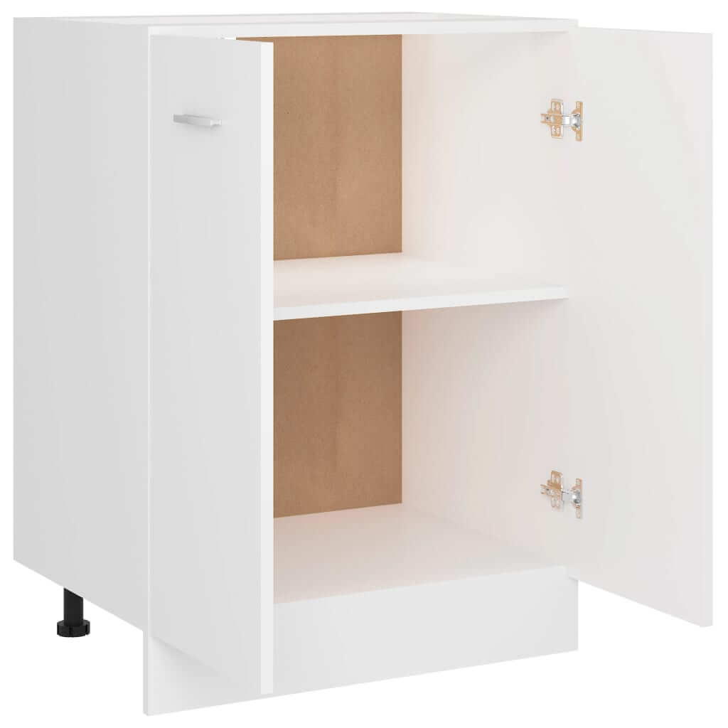 Bottom cabinet in white engineered wood with two shelves and open doors, perfect for kitchen organization and storage.