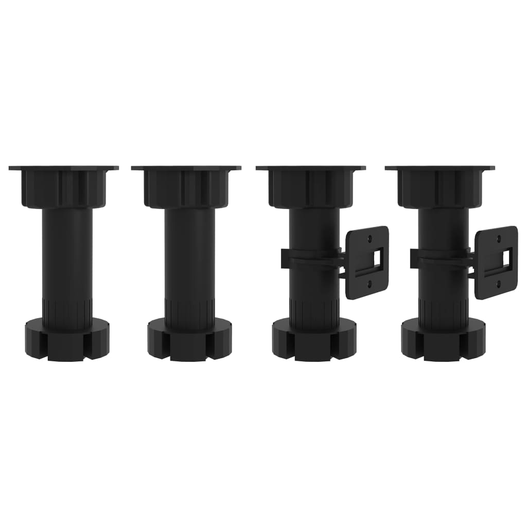 Set of four black adjustable cabinet legs for furniture, ideal for enhancing stability and height in home decor.