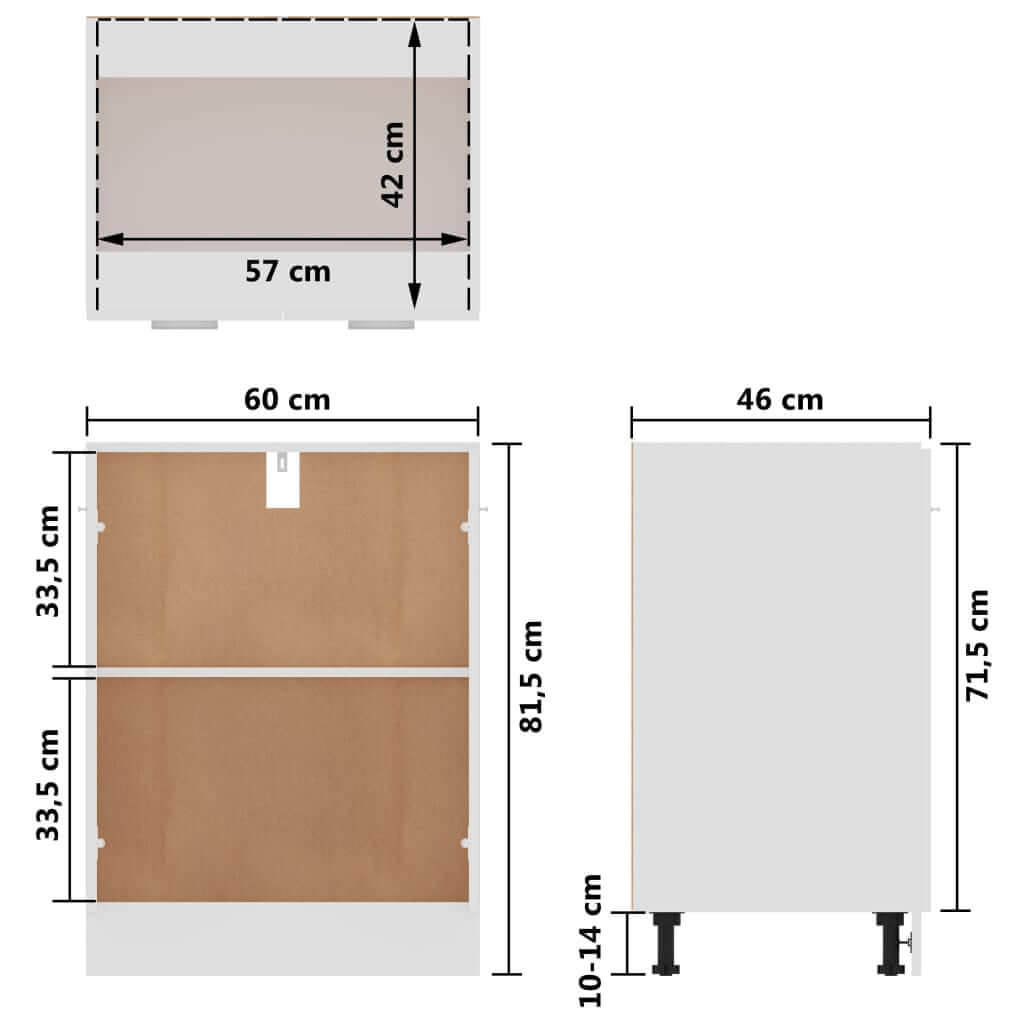 Dimensions of bottom cabinet in white engineered wood: 60x46x81.5 cm, featuring two shelves and adjustable feet.