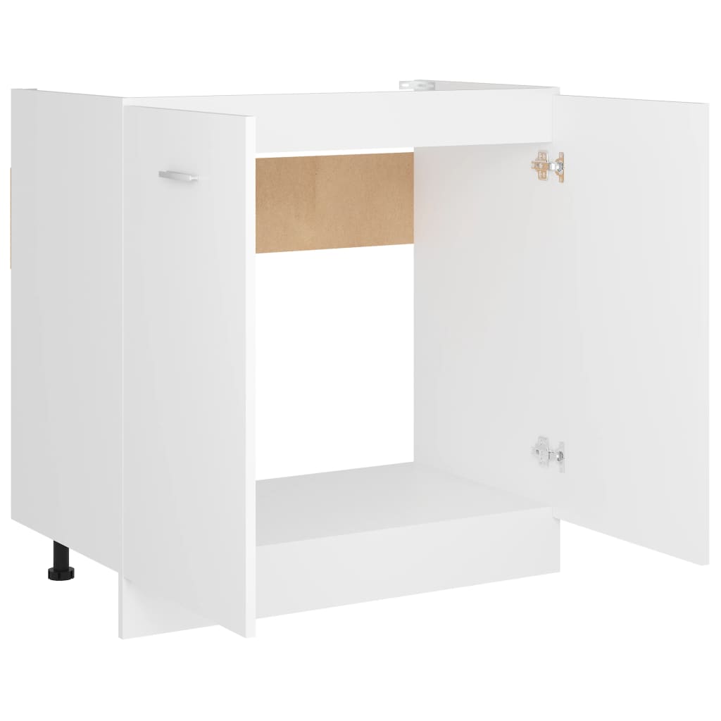 White sink bottom cabinet with open doors and internal shelf, ideal for kitchen storage. Dimensions 80x46x81.5 cm.