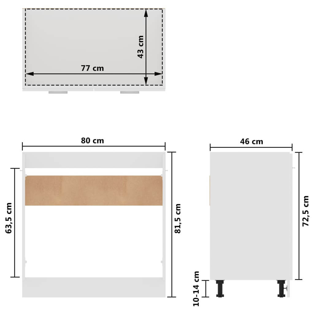 Dimensions of white sink bottom cabinet 80x46x81.5 cm, engineered wood, showcasing top, front, and side views with measurements.