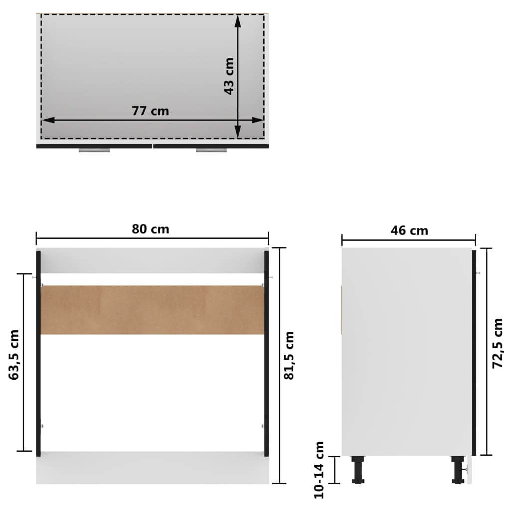 Dimensions of black engineered wood sink bottom cabinet, showcasing height 81.5 cm, width 80 cm, and depth 46 cm.