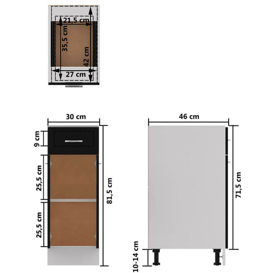 Drawer bottom cabinet dimensions, 30x46x81.5 cm, engineered wood design for optimal kitchen storage.