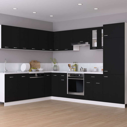 modern black kitchen cabinets with sleek design and stainless steel appliances in a stylish kitchen setting