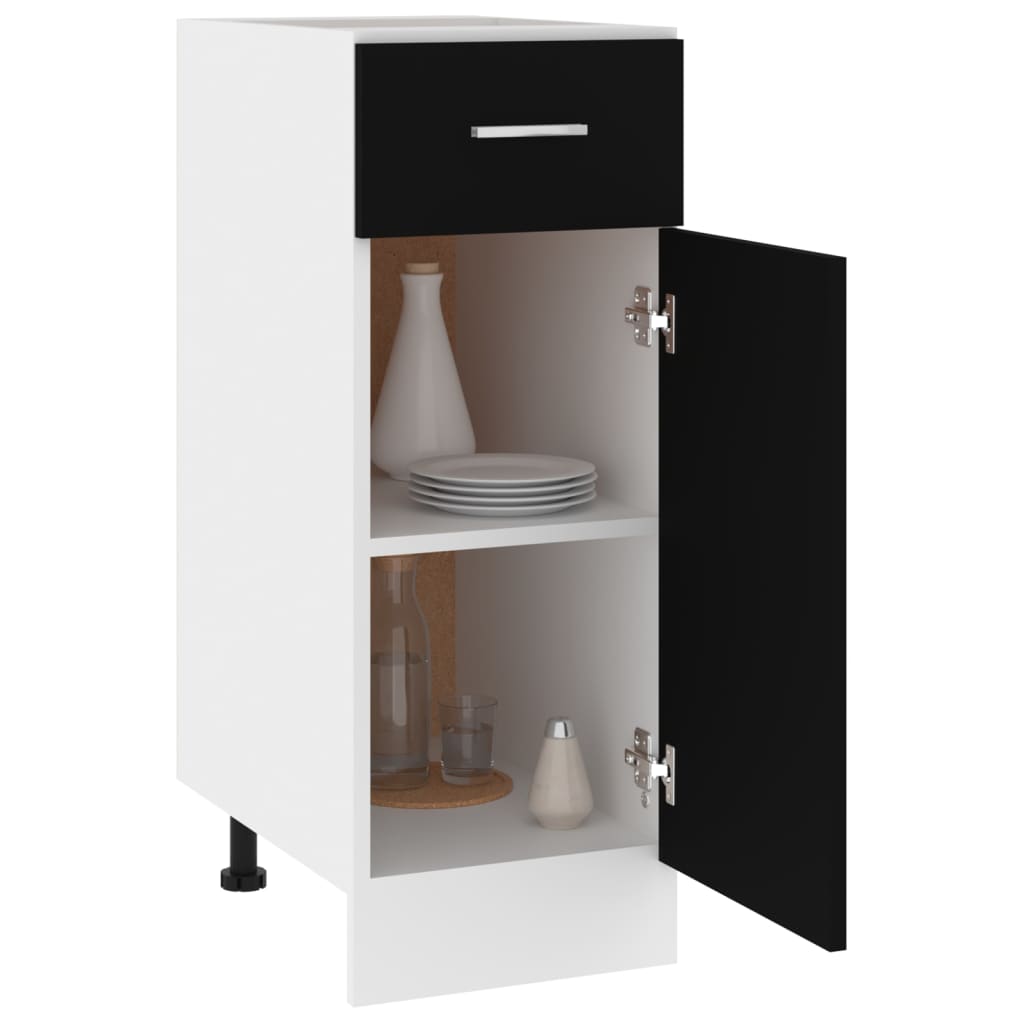 Drawer bottom cabinet in black and white with one drawer and open door revealing shelves for kitchen storage.