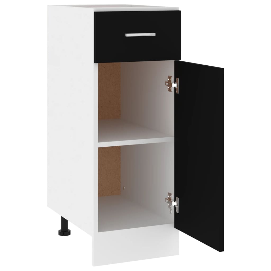 Drawer bottom cabinet in black and white with one drawer and two shelves for kitchen storage, efficient and stylish.