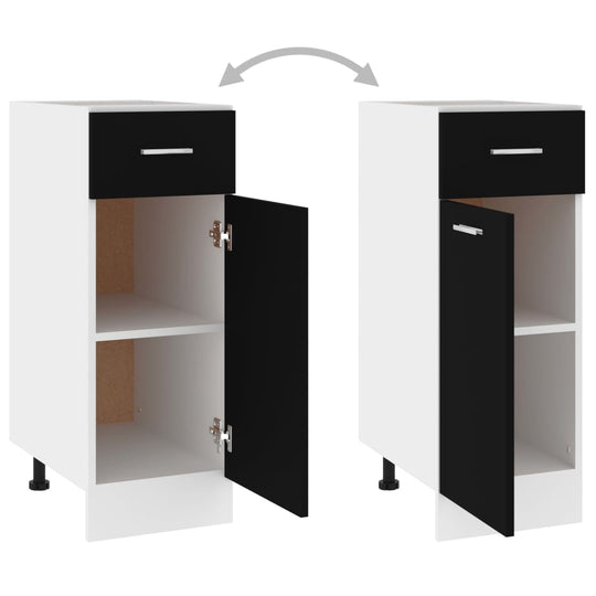 Drawer bottom cabinet in black and white with one drawer and two shelves for kitchen storage, optimizing space.