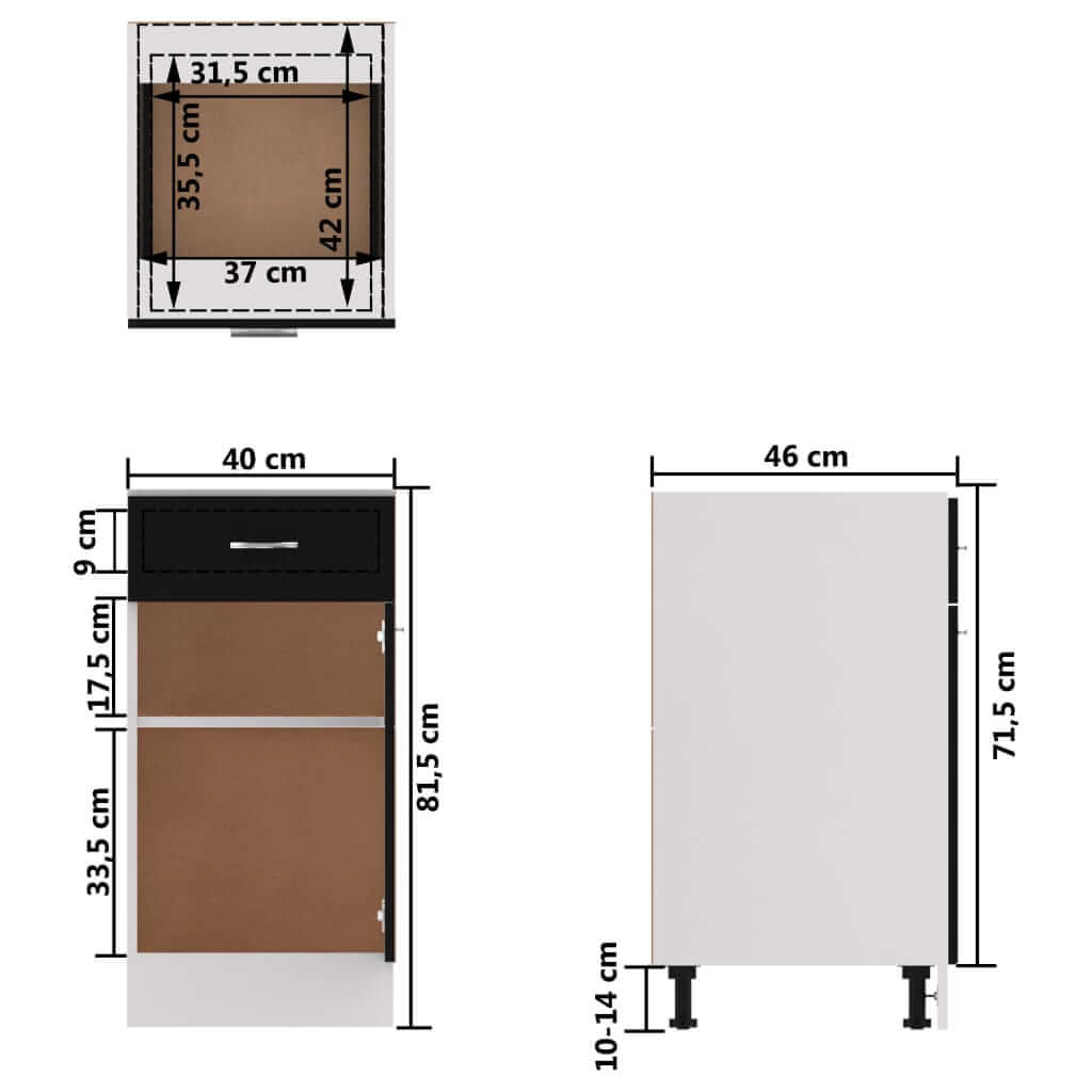 Drawer bottom cabinet dimensions 40x46x81.5 cm, featuring two shelves and one drawer for optimized kitchen storage.