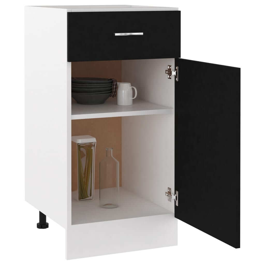 Drawer bottom cabinet in black and white, featuring one drawer, two shelves, and an organized storage space for kitchen essentials.