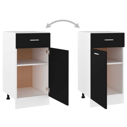 Drawer bottom cabinet in black and white with one drawer and two shelves, ideal for kitchen storage solutions.