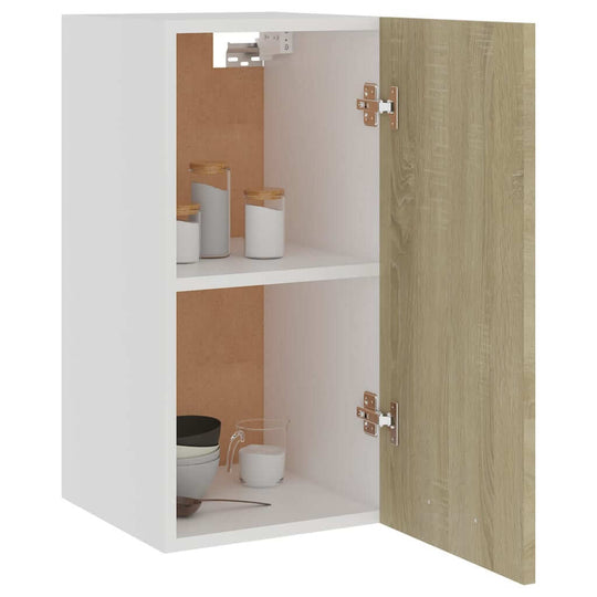 Hanging cabinet in Sonoma Oak with two shelves, showcasing kitchenware and a functional door for organized storage.