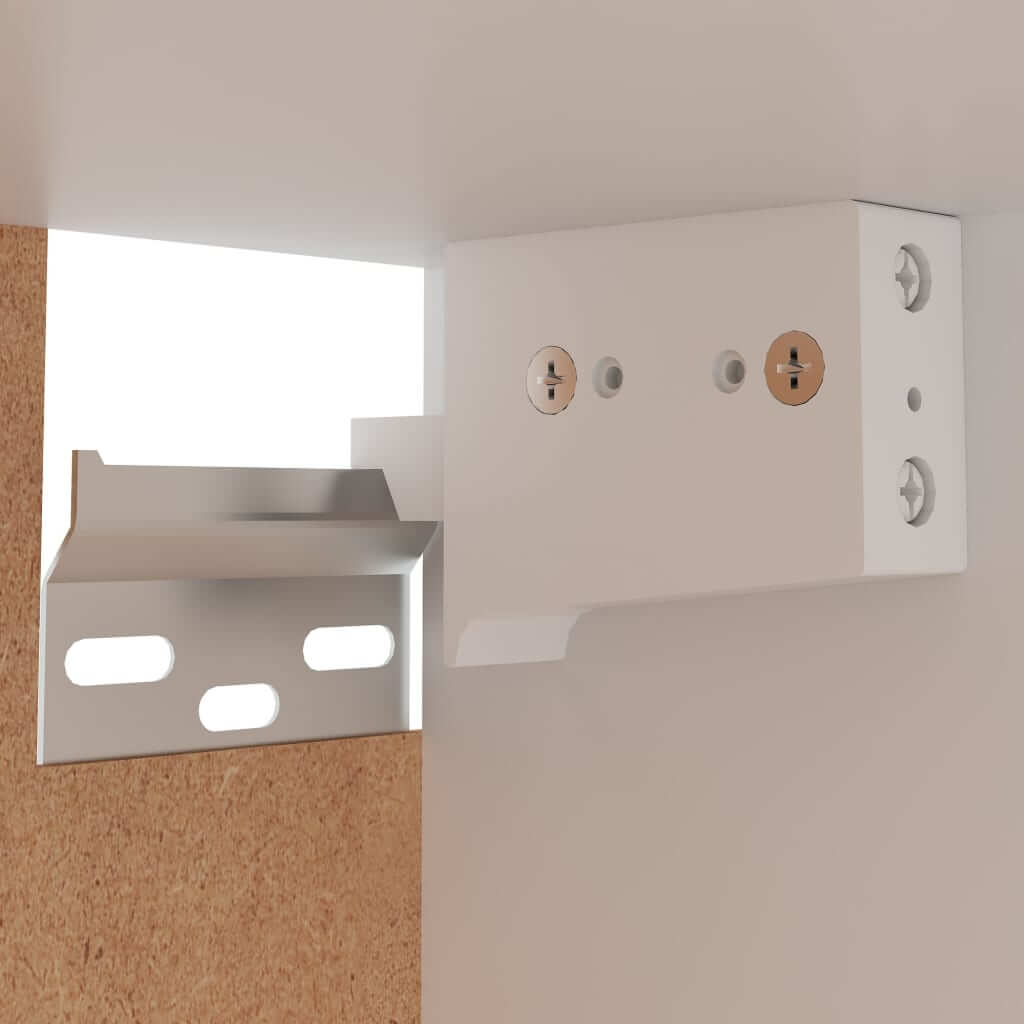 Close-up of a cabinet mounting bracket in engineered wood, showcasing durable hardware and design for secure installation.