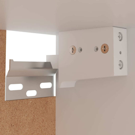 Close-up of a cabinet mounting bracket in engineered wood, showcasing durable hardware and design for secure installation.