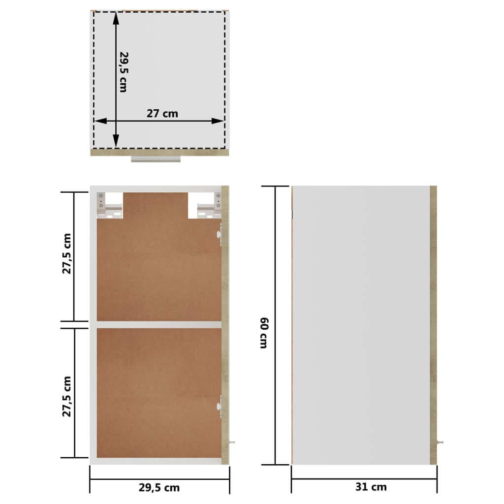 Dimensions of the Hanging Cabinet Sonoma Oak, showing width of 29.5 cm, height of 60 cm, and depth of 31 cm.