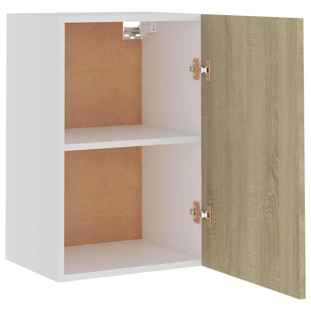 Hanging cabinet Sonoma Oak 39.5x31x60 cm with open door revealing shelves, ideal for kitchen storage and organization.