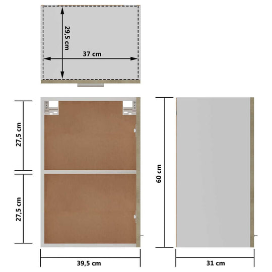 Dimensions and design layout of Hanging Cabinet Sonoma Oak 39.5x31x60 cm in engineered wood for kitchen storage.