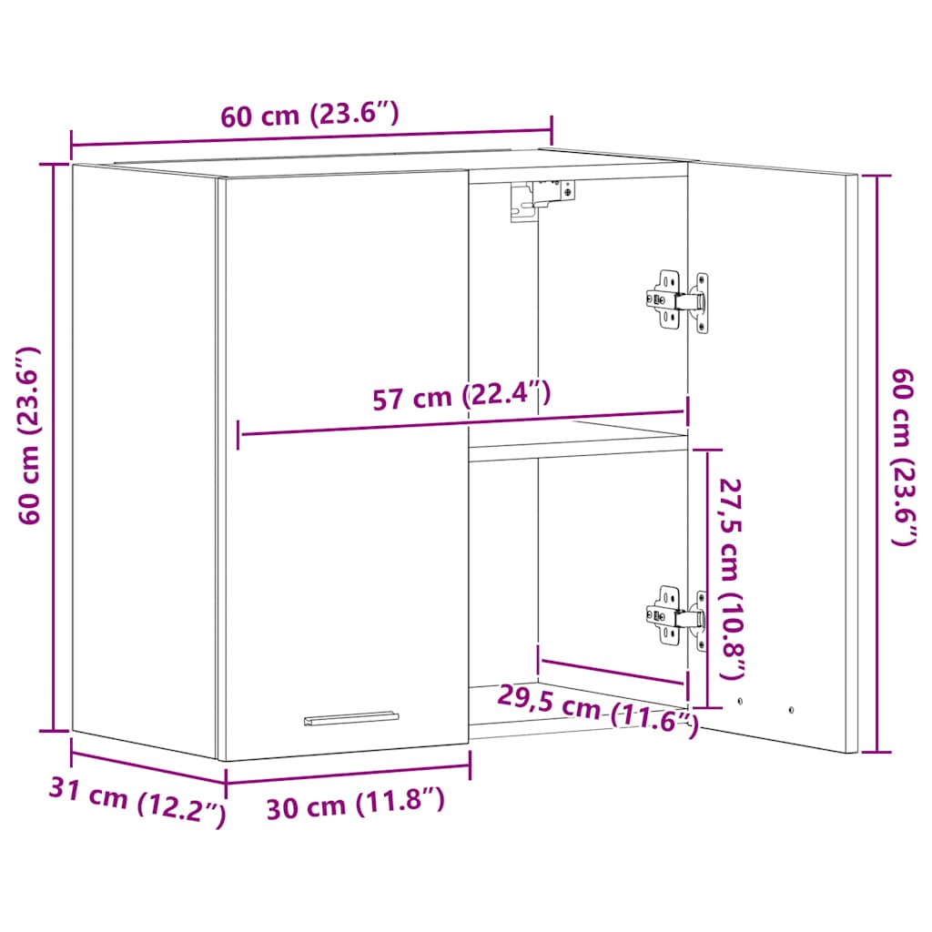 Hanging Cabinet Lyon 60x31x60 cm Engineered Wood dimensions illustration with measurements labeled