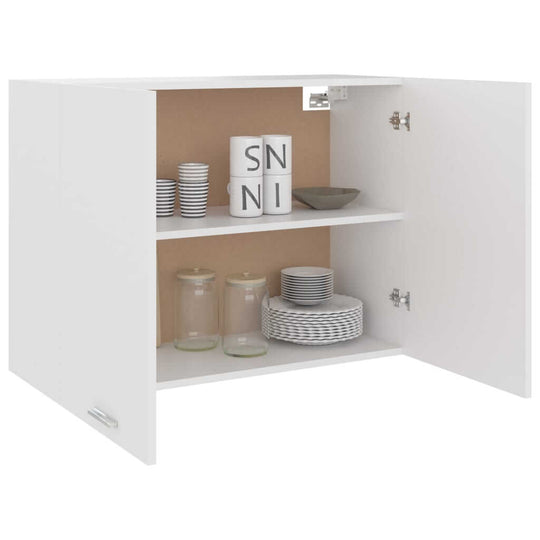 White engineered wood hanging cabinet with open doors showing shelves with plates, bowls, and jars. Perfect for kitchen storage.