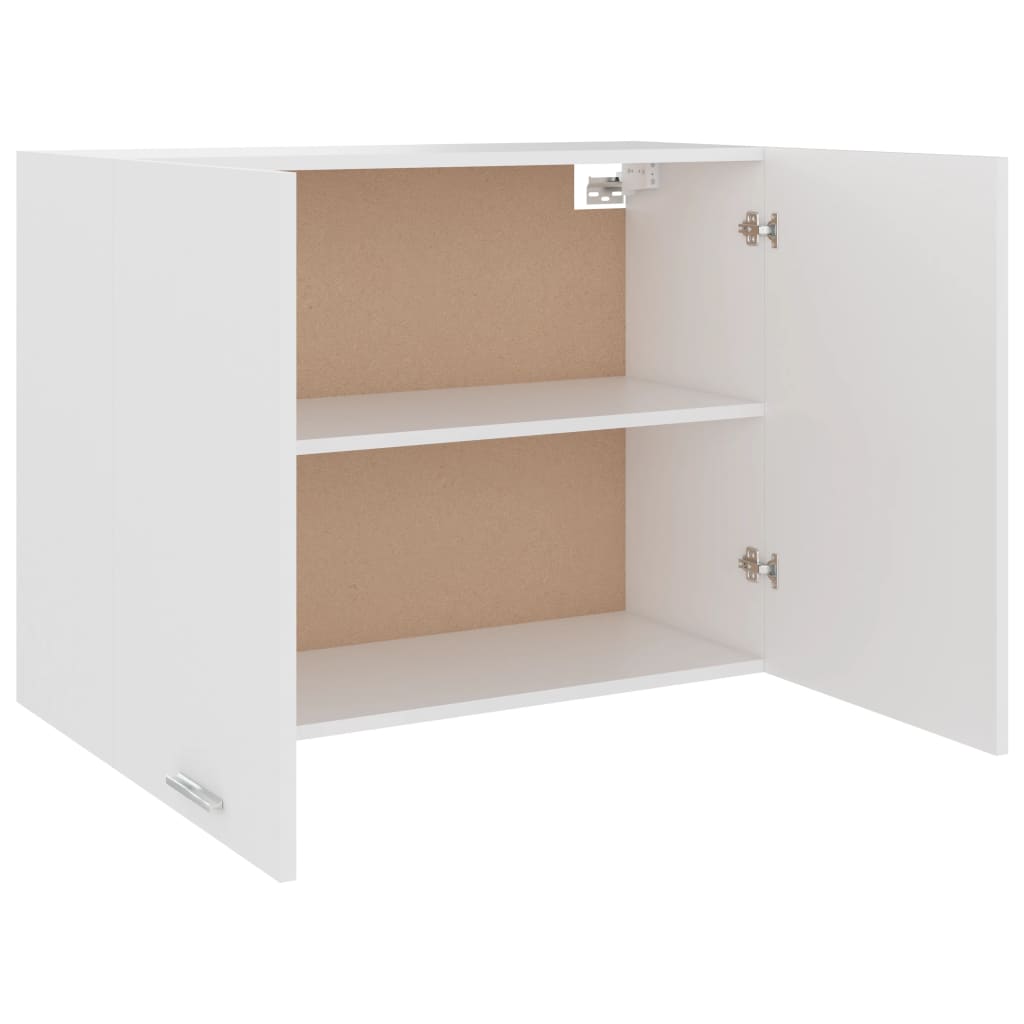 White engineered wood hanging cabinet with open doors showing shelves, ideal for organizing kitchen items, fits home and garden furniture setups.