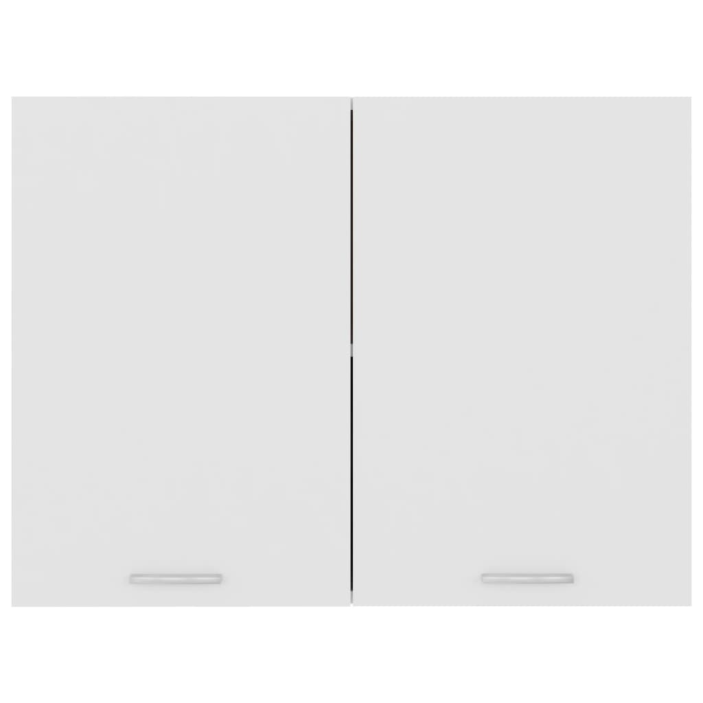 White engineered wood hanging cabinet with two doors and sleek handles, ideal for maximizing kitchen storage and organization.