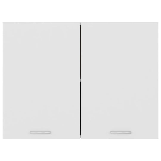 White engineered wood hanging cabinet with two doors and sleek handles, ideal for maximizing kitchen storage and organization.