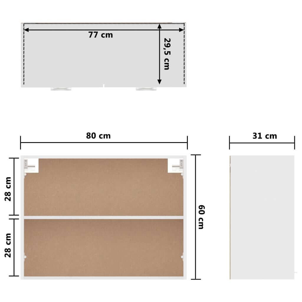 Dimensions of white engineered wood hanging cabinet with shelves, measuring 80x31x60 cm, ideal for kitchen or outdoor space.