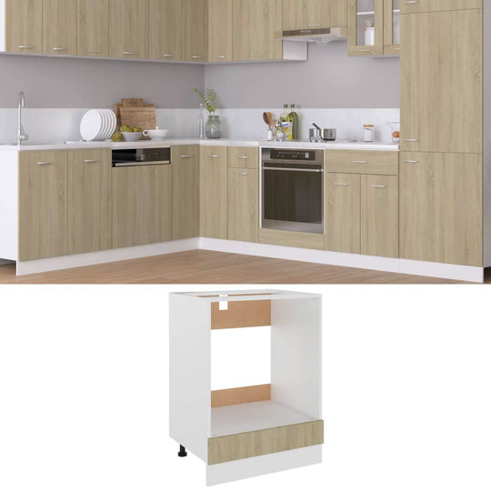 Oven cabinet in a modern kitchen featuring Sonoma oak design and spacious storage, ideal for kitchen organisation.