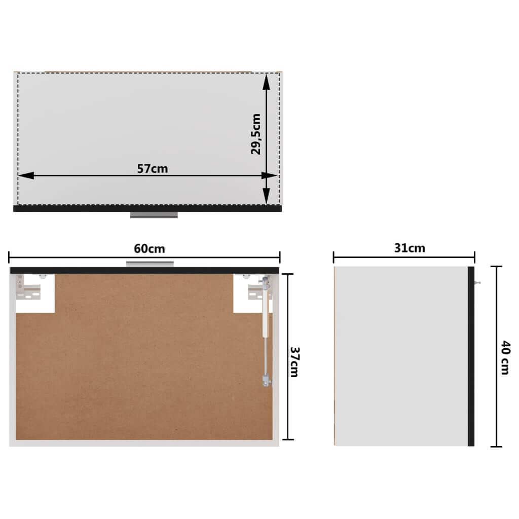 Dimensions of a black hanging cabinet, 60x31x40 cm, showcasing top, side, and back views for kitchen organization.