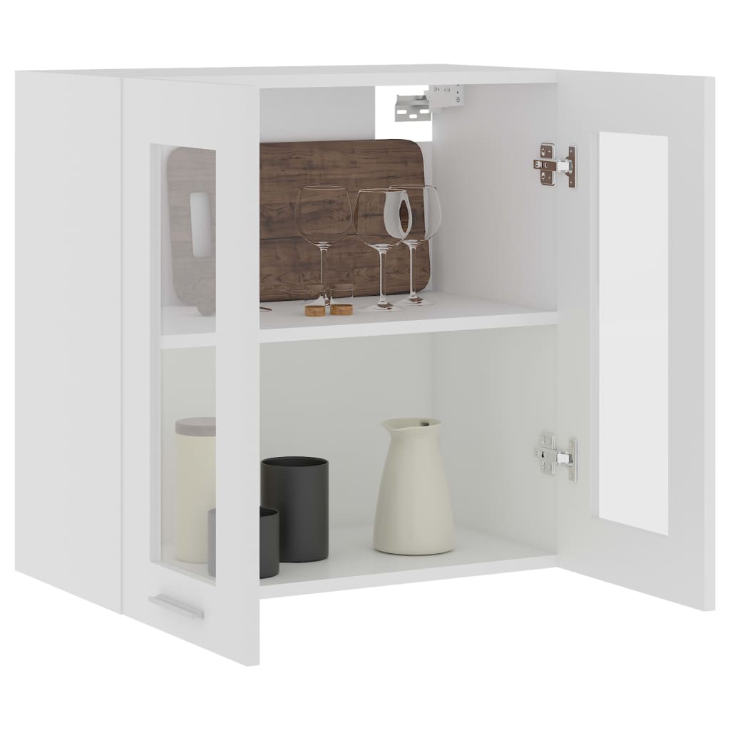 Hanging glass cabinet in white with two doors, shelves, and kitchen accessories for optimal storage and organization.