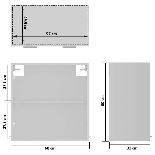 Dimensions of a hanging glass cabinet in engineered wood, showing 60x31x60 cm and additional measurements.