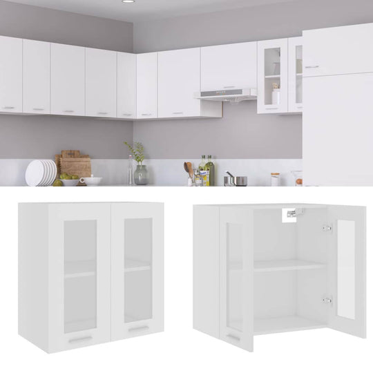 Hanging glass cabinet in white, 60x31x60 cm, offers sleek kitchen storage with two shelves and glass doors for organization.