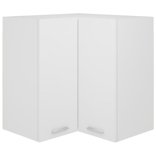 White hanging corner cabinet with two doors, ideal for optimizing kitchen storage space.