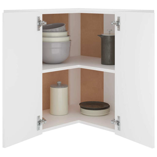 Hanging corner cabinet in white with shelves, displaying bowls, plates, and storage containers organized inside.