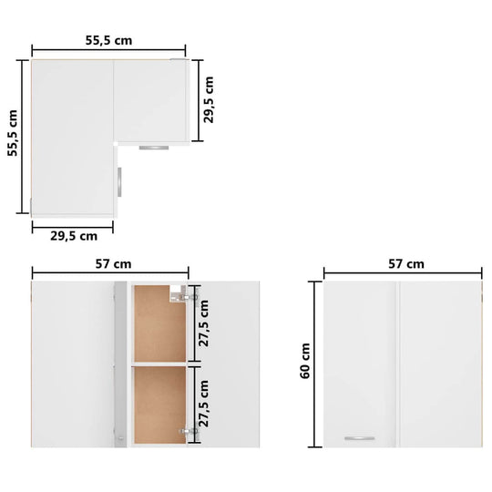 Dimensions of a white hanging corner cabinet, measuring 57x57x60 cm, showcasing its functional storage design.