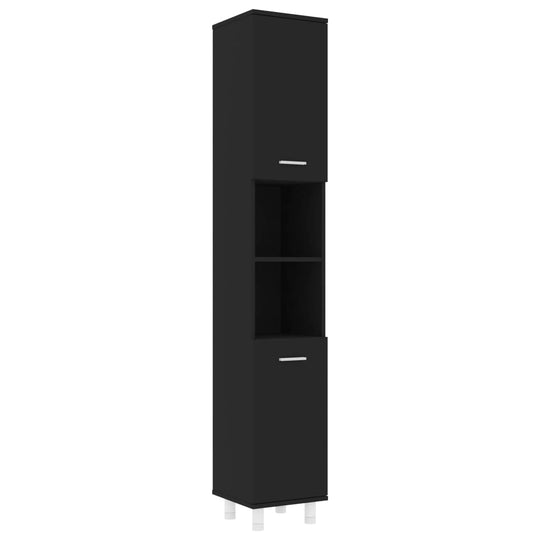Bathroom Cabinet 30x30x179 cm Engineered Wood with black finish and six compartments for organized storage.