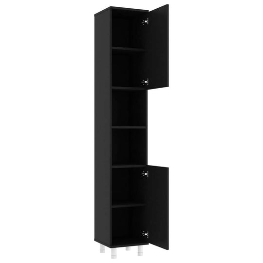 Bathroom Cabinet 30x30x179 cm Engineered Wood in black, tall storage unit with six compartments and two doors for modern bathroom decor.
