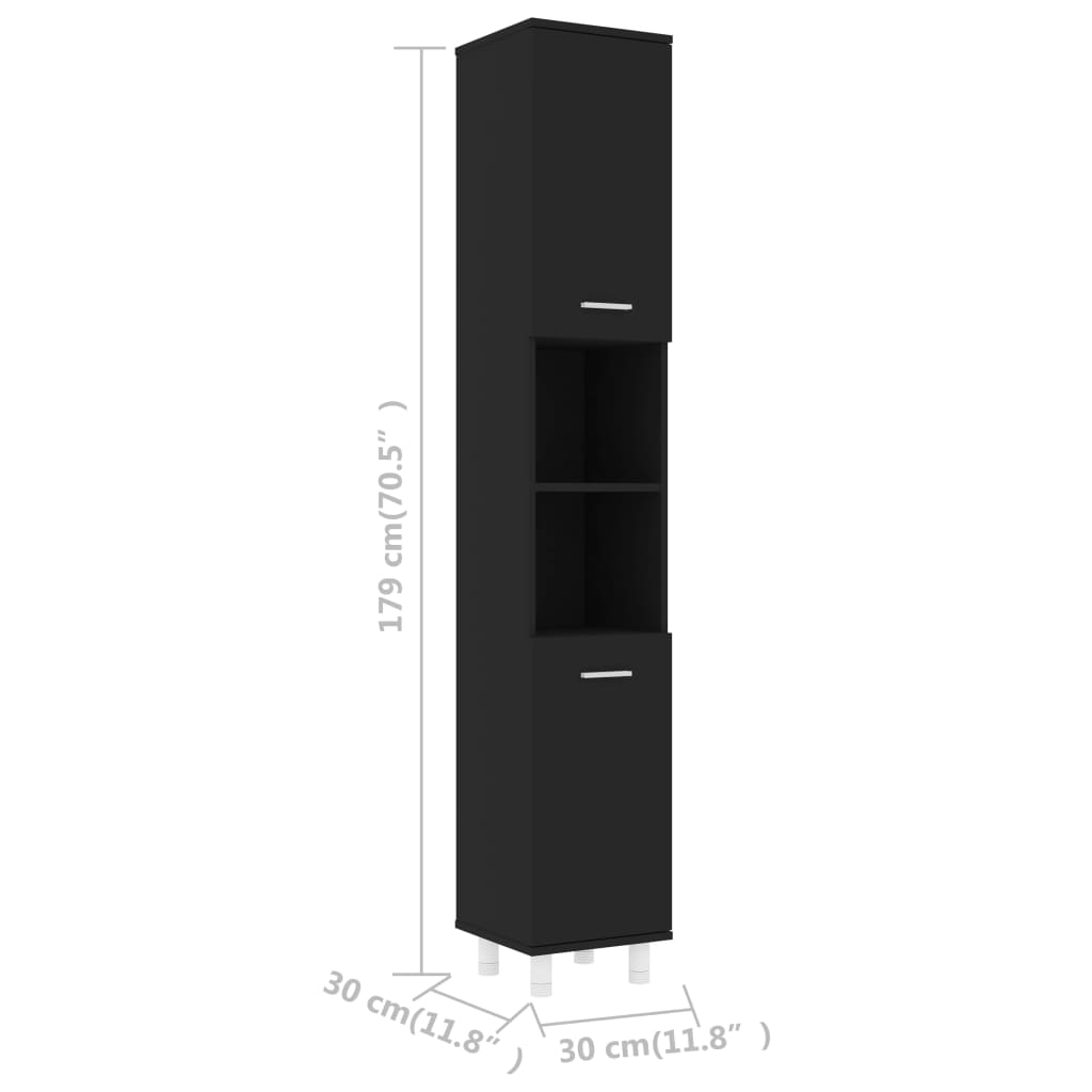 Tall black Bathroom Cabinet 30x30x179 cm Engineered Wood with two doors and open shelves, perfect for modern bathrooms.