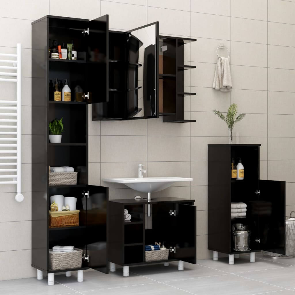 Stylish Bathroom Cabinet 30x30x179 cm Engineered Wood with ample storage, chic black finish for modern bathrooms.