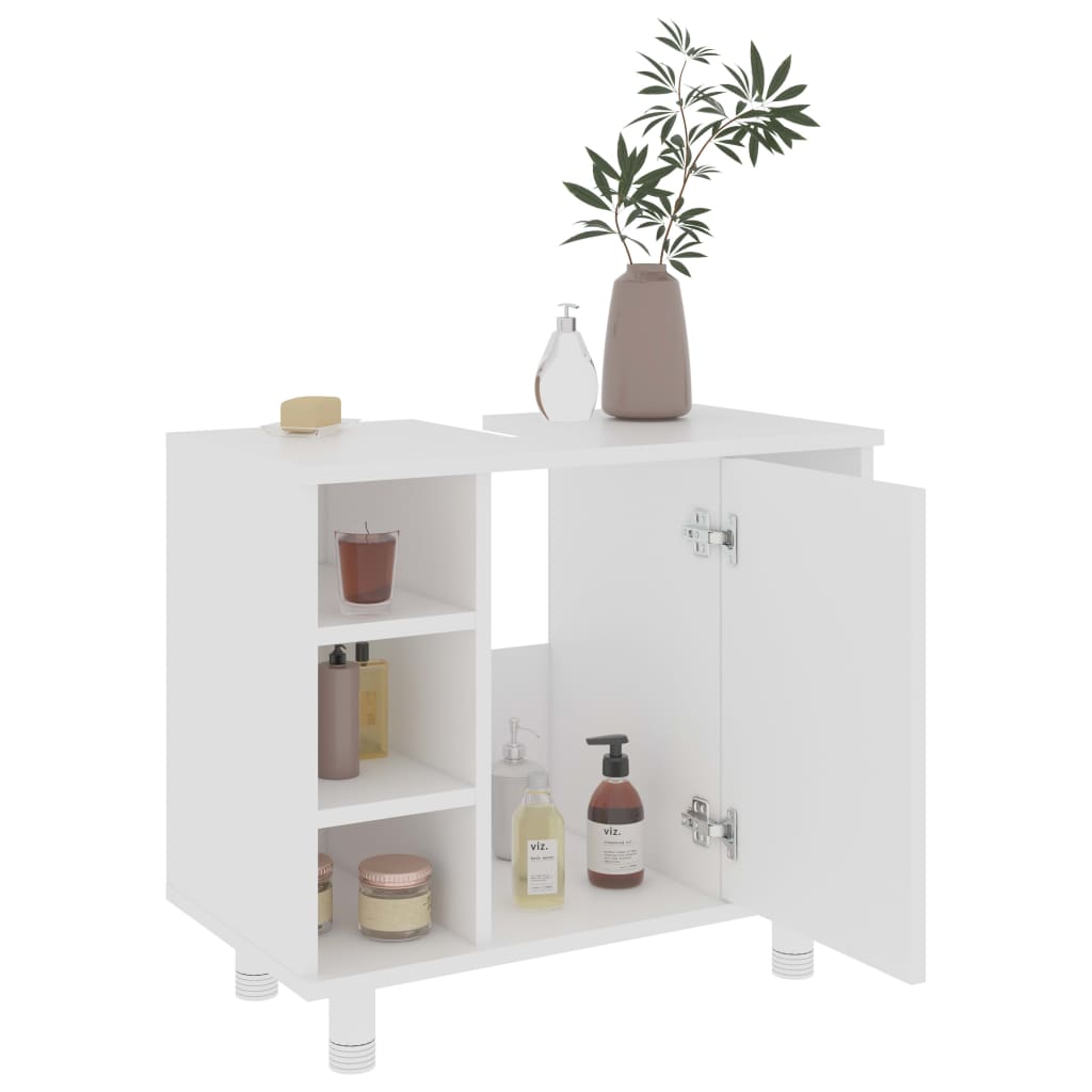 White bathroom cabinet with 7 compartments, 1 door, and decorative plant. Ideal storage solution for stylish bathrooms.