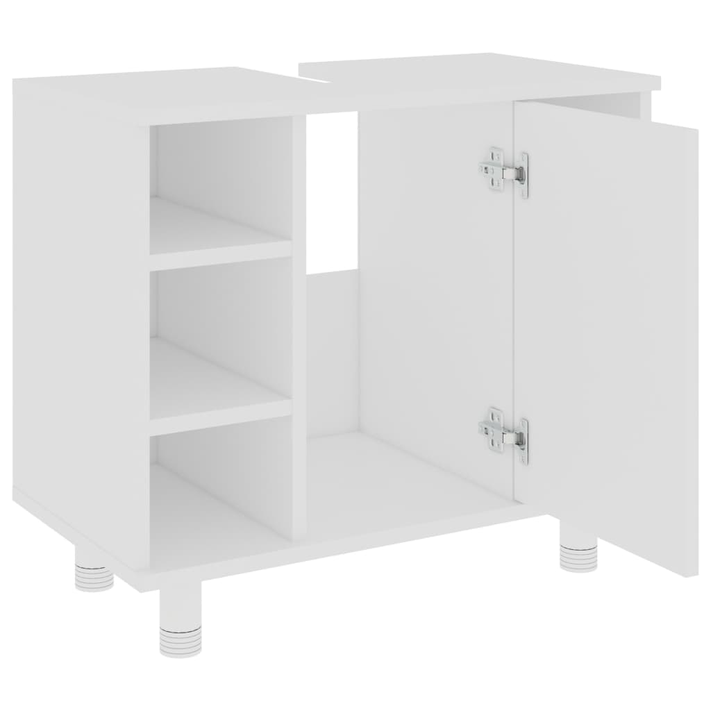 White bathroom cabinet with 7 compartments and 1 door, made of sturdy engineered wood, offering stylish storage solutions.